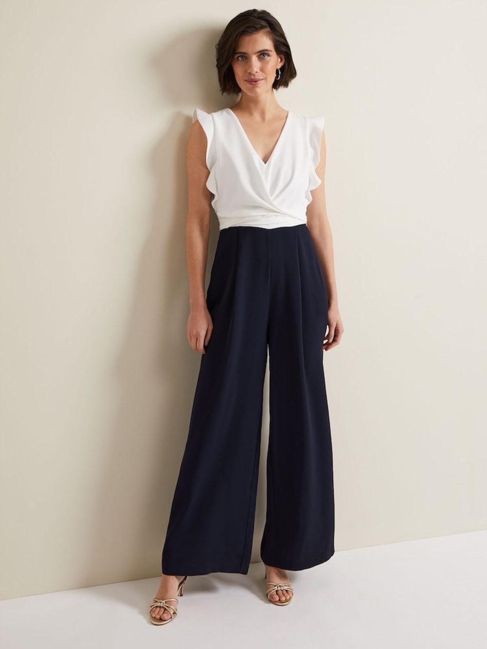 Phase Eight White Ruffle Navy Blue Belted Pocket Wide Leg Tailored Jumpsuit - Picture 15 of 16